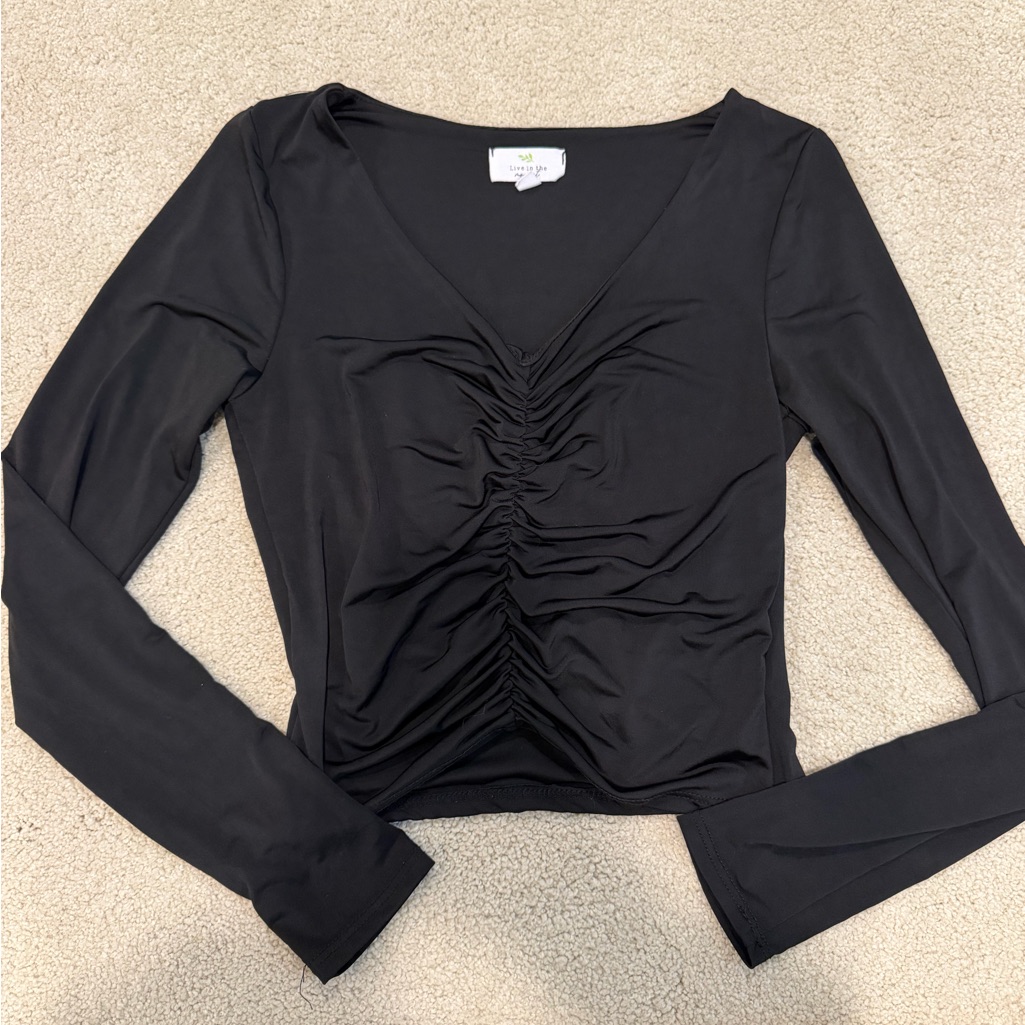 Ruched V-Neck Long Sleeve Top - Black